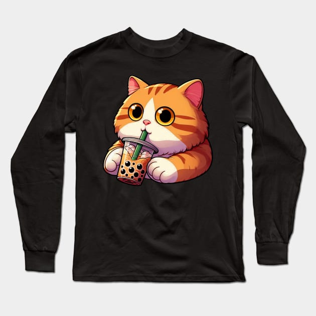 Tabby Cat Bubble Milk Tea Long Sleeve T-Shirt by Plushism